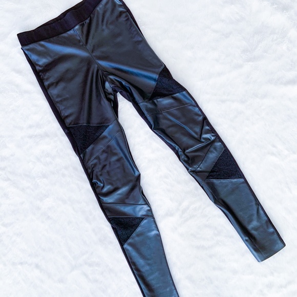 Pierre Mantoux | Faux Leather Leggings Stretch Sexy Lace Inset Black L Ponte - Picture 3 of 10